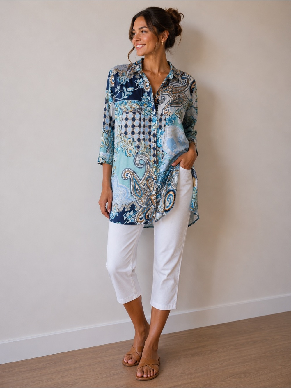 Chico's 100% Cotton Blue and Teal Paisley Patchwork Button-Down Shirt